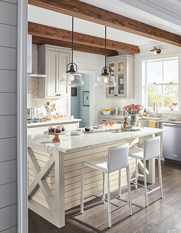 Transitional Off White Kitchen with Island and Pendant Lights