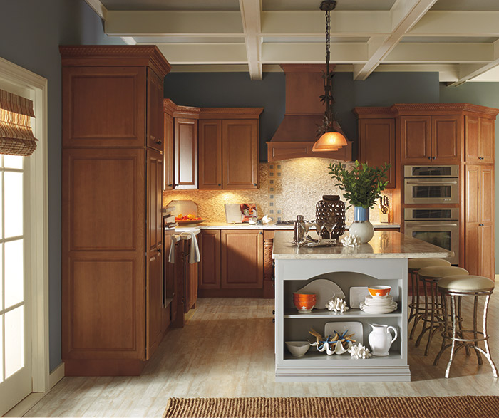Traditional kitchen design with Cherry cabinets and a gray painted kitchen island