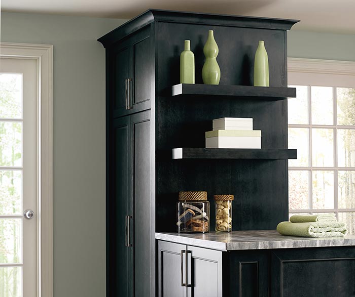 Leeton dark grey laundry cabinets with open shelving