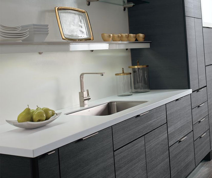 Contemporary laminate kitchen cabinets in woodgrain Obsidian finish