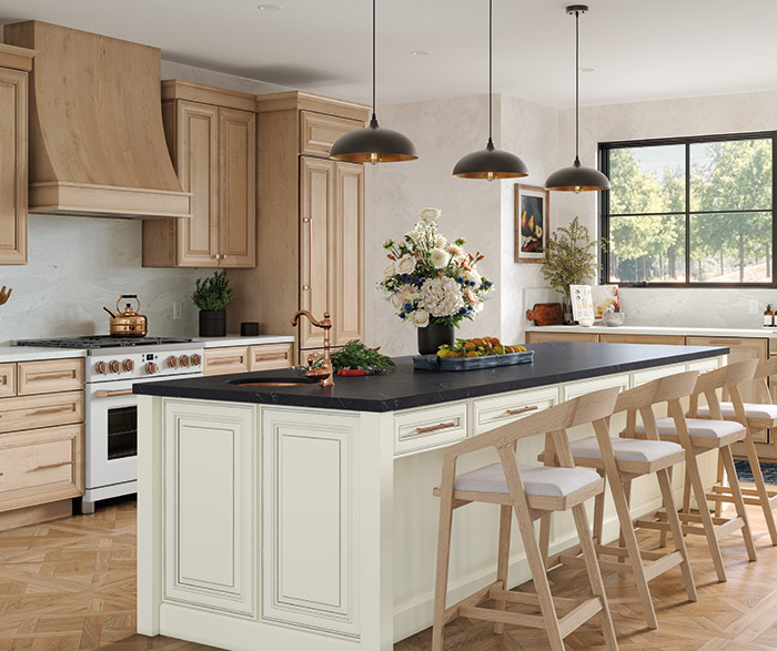 Wood kitchen with off-white island
