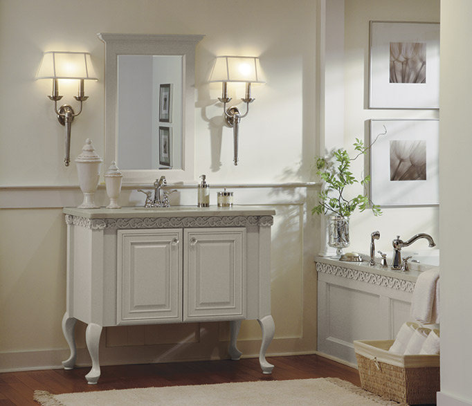 Light gray bathroom vanity and tub surround