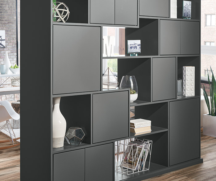 Dark gray room divider cabinets in Trystan door style with Moonstone opaque finish